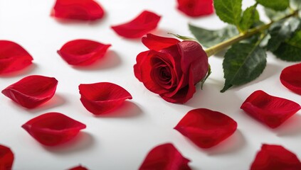 Red rose petals arranged on a white surface, ideal for romantic themes