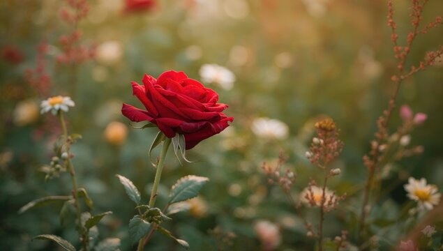 Red Rose with a soft focus backdrop, ideal for editorial headers