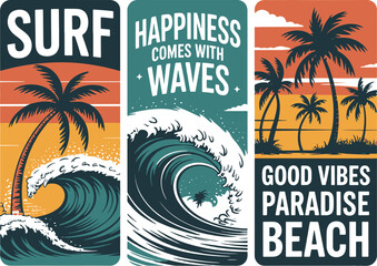 Tropical surfing beach vibes design featuring waves and palm trees