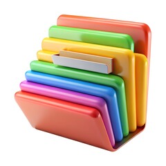 Stack of colorful plastic folders and a small notebook on a white background