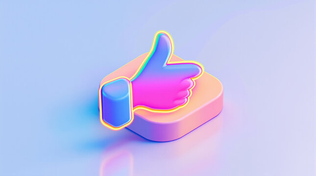 A 3D rendered illustration of a vibrant, neon-outlined thumbs-up icon on a pastel background.