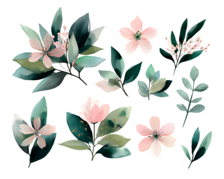 Watercolor floral elements with pink flowers and green leaves isolated on transparent background - Powered by Adobe