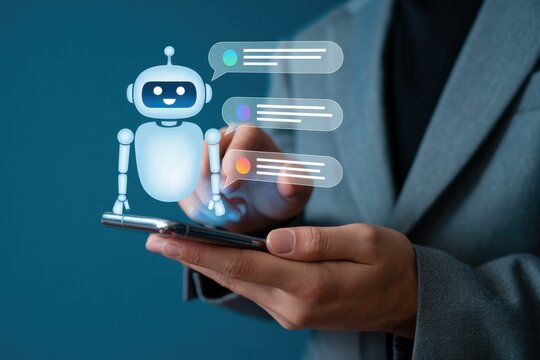 AI chatbot with speech bubbles appearing from a smartphone held by a person