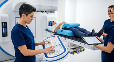 Obraz premium medical professional operates equipment while colleagues assist patient in clinical setting