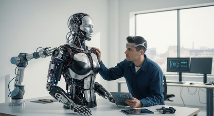 technician interacts with humanoid robot in modern workspace, showcasing advanced technology