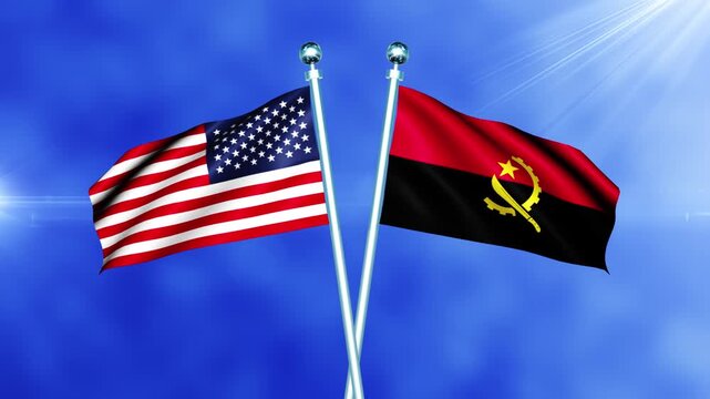 USA and Angola Flag Waving On Pole Loop