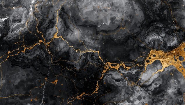 Abstract fluid art painting using alcohol ink, featuring a blend of black, gray, and gold hues, showcasing a marble stone imitation with luminous golden veins, artistic expression - Powered by Adobe