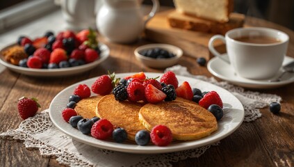 Traditional yeast pancakes topped with fresh berries