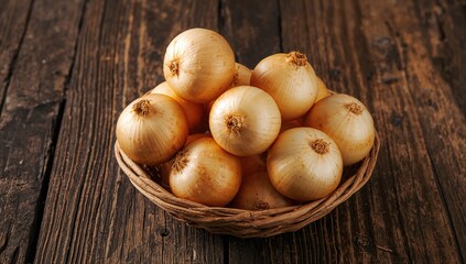 Yellow onions arranged in a basket atop a wooden surface, fiber-dense choice