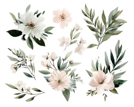 Watercolor floral elements and leaves isolated on transparent background