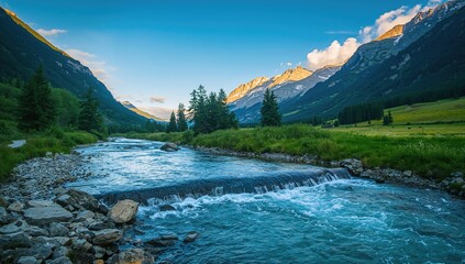 River with small waterfall and stones in the Alps, erosion risk