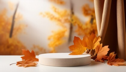 Autumn Leaves Curtains And Product Podium On White Table Fall Season Thanksgiving And Holiday Home Decor Mockup Background Fashion Beauty And Cosmetic Brand Display