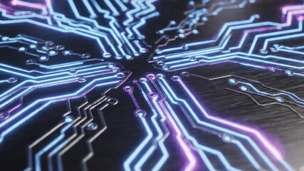 Close-up of a network of circuits glowing in bright blues and purples, against a dark, sleek metal backdrop.	 - Powered by Adobe