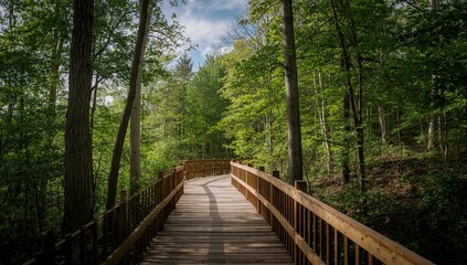 Fototapeta premium Wooden walkway surrounded by trees in a forest, ideal for nature exploration