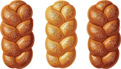 Traditional Braided Challah Bread Vector Illustration with Poppy and Sesame Seeds, Perfect for Jewish Holidays, Bakery, and Food Menu Designs.