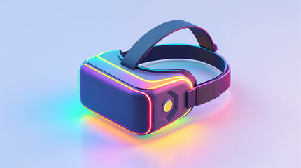 A futuristic virtual reality headset with glowing neon lights in vibrant colors, set against a soft gradient background.