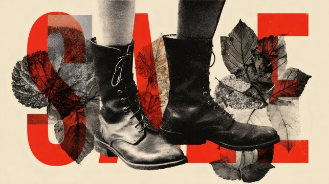 Vintage cutout winter boots offering scarves bold price mark. Retro big sale advertisement for seasonal shopping with graphic leaf overlay.