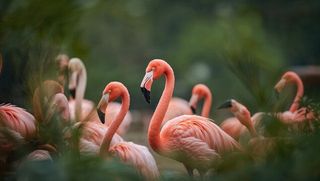 Zoo flamingos in vibrant pink hues among a blurred green background, showcasing themes of migration