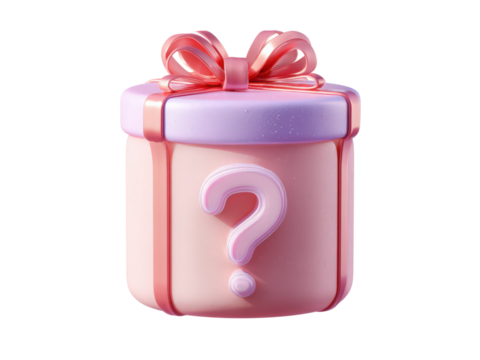 A pink box with a bow on top and a question mark on the side