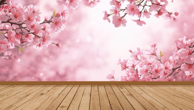 Pink sakura flowers on a wooden floor during spring, ideal for product display and design decoration