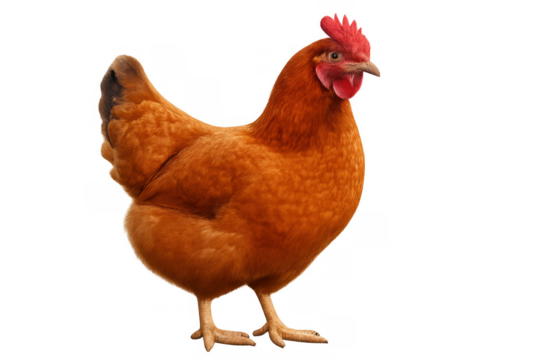 Brown hen standing, looking to the side, poultry animal on a transparent background, perfect for farming concepts