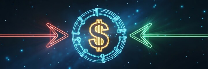 Digital money transfer concept with dollar sign and arrows in neon style on blue background. transfer.