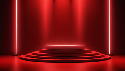 A red stage with a spotlight and a red stage with the spotlights lit up.
4