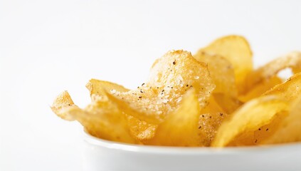 Yellow potato chips seasoned with salt on a plain white background, potential saturated fat risk