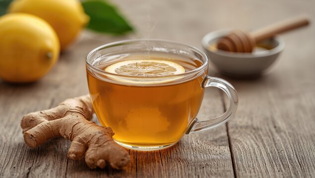 Tea featuring fresh ginger root, honey, and lemon, beneficial herbal remedy