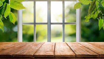 Empty Wood Table Top On Blurred Curtained Window And Abstract Greenery From Garden Background