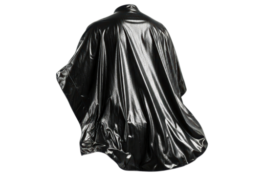 Back view of a flowing black cape made of shiny glittery fabric isolated on transparent background