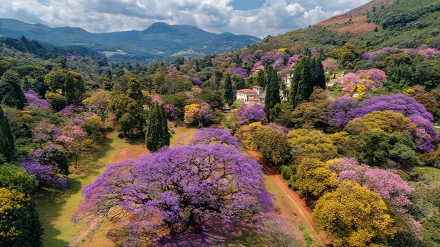 Aerial view of a vibrant landscape with colorful trees and a distant mountain range