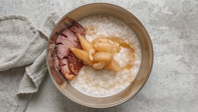 Rice flour porridge served with a sweet brown sugar syrup, a traditional dish enjoyed in various regions. - Powered by Adobe