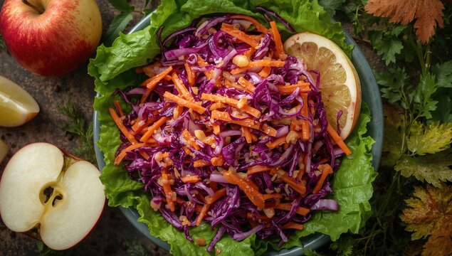 Red cabbage and carrot slaw dressed with olive oil and lemon, fiber-dense choice
