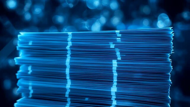 Illuminated Blue Fiber Optic Cables Stacked in Bundles with Glowing Light Transmission