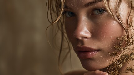 Close-up Portrait of a Woman with Dewy Skin, Natural Beauty, Relaxing Spa Atmosphere, Aromatherapy and Steam Therapy Vibes
