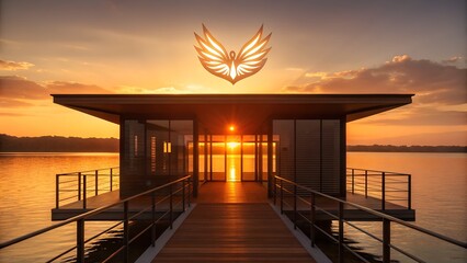 Stunning modern lakeside retreat welcomes golden sunset reflecting on tranquil water