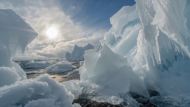Ice formations and icicles on ship structures after navigating stormy Pacific waters, showcasing seasonal change