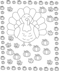 Joyful thanksgiving turkey surrounded by pumpkins and maple leaves