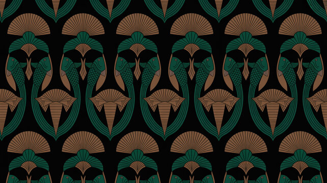 Luxurious seamless Art Deco fish and sunburst pattern, emerald green and gold on black, repeating vertical columns, stylized scales, fins, radiating rays, elegant 1920s wallpaper design
