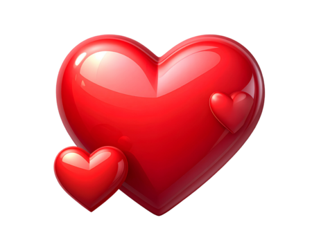3d red heart icon with three smaller hearts isolated on a transparent background.