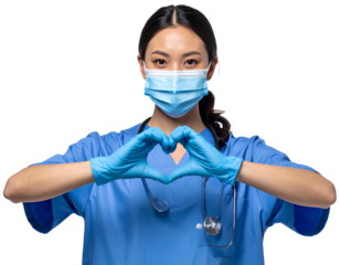 Female nurse in scrubs and a mask showing a heart symbol with gloved hands, isolated on transparent background.