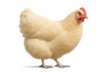 White hen standing, facing right, looking forward, domestic poultry animal on transparent background