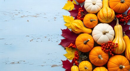 Autumn harvest of colorful pumpkins gourds and fall leaves arranged on a rustic blue wooden background