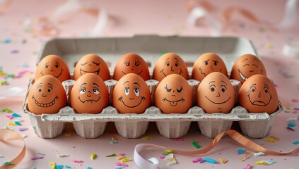 A collection of brown eggs with playful faces arranged in an egg carton, a whimsical food choice for gatherings