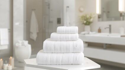 Stack of spa towels arranged on a white surface, ideal for relaxation and self-care