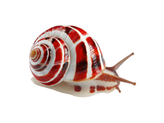 A small red and white snail is crawling on a white background