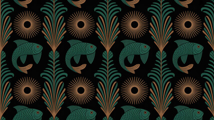 Luxurious seamless Art Deco fish and sunburst pattern, emerald green and gold on black, repeating vertical columns, stylized scales, fins, radiating rays, elegant 1920s wallpaper design