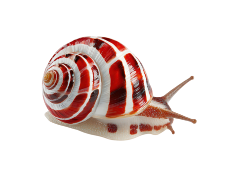 A small red and white snail is crawling on a white background