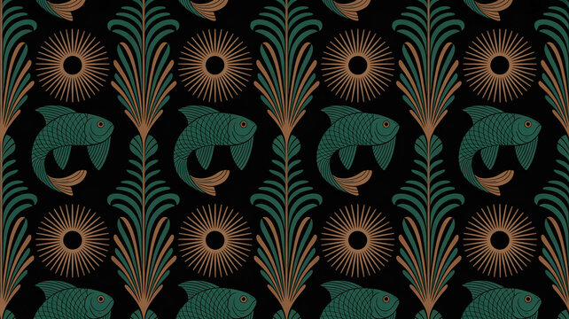 Luxurious seamless Art Deco fish and sunburst pattern, emerald green and gold on black, repeating vertical columns, stylized scales, fins, radiating rays, elegant 1920s wallpaper design